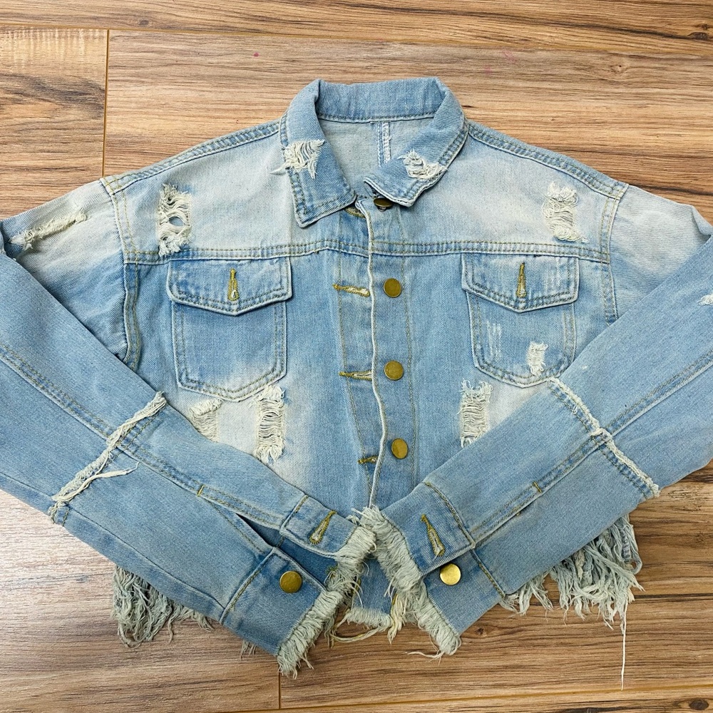 Cropped fringe jean jacket ripped light blue size small adult